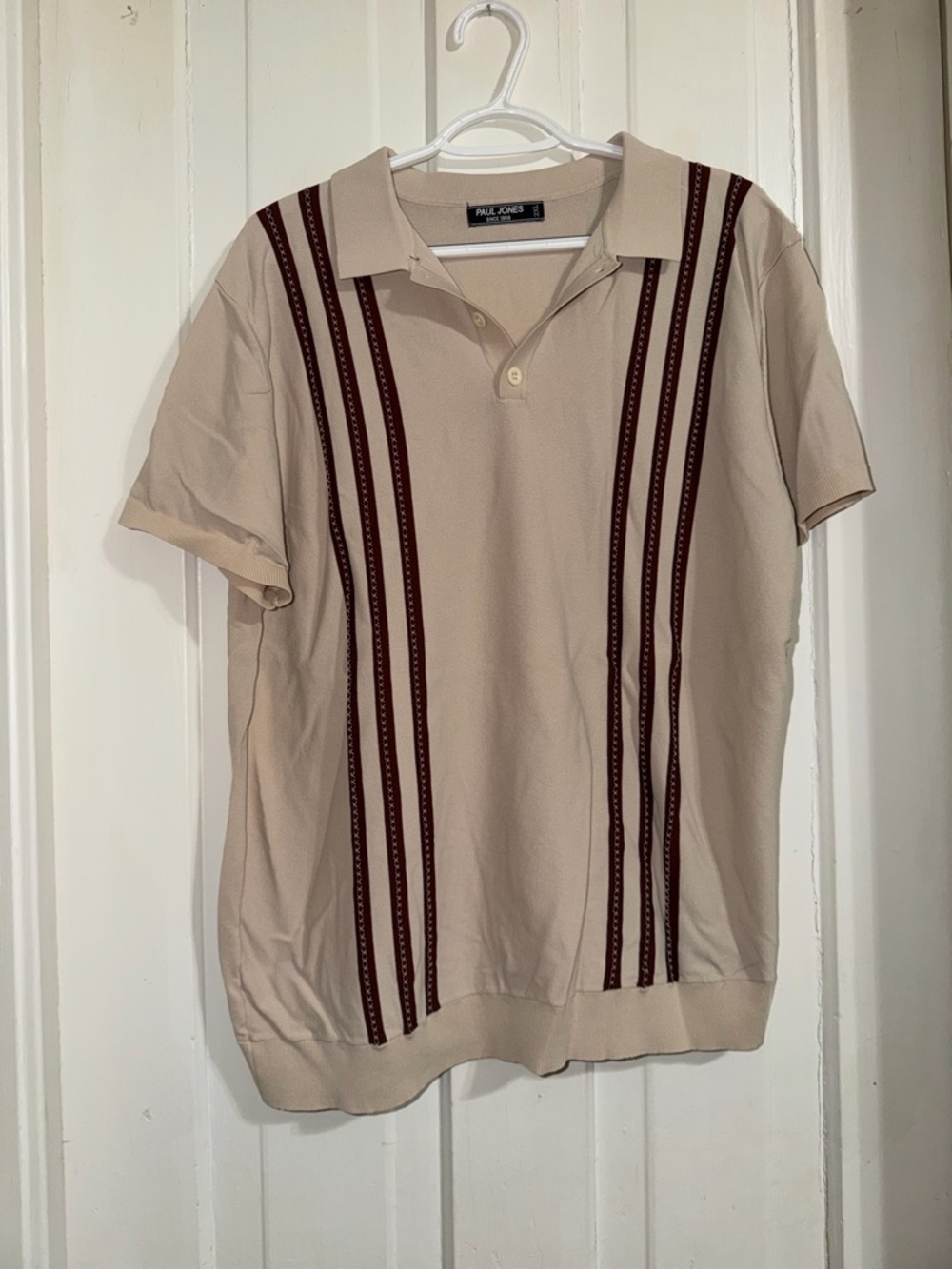 Men's Paul jones short sleeve size 2X Beige Polo Shirt with Burgundy Stripe